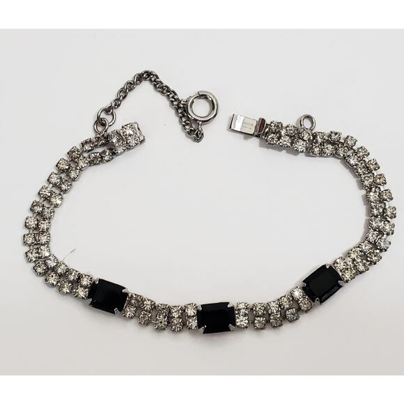 Vintage Eisenberg Ice Clear & Black Rhinestone Bracelet 7" Safety Chain - Picture 1 of 7